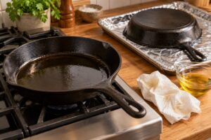 why is my cast iron sticky after seasoning