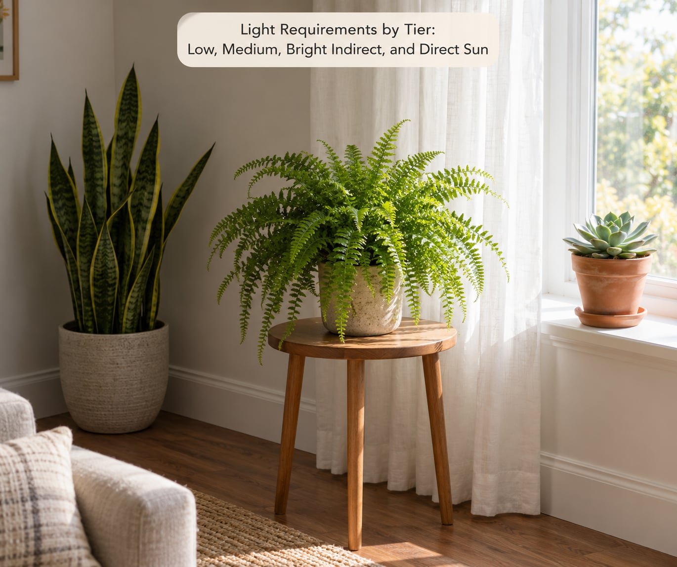 Light Requirements by Tier: Low, Medium, Bright Indirect, and Direct Sun