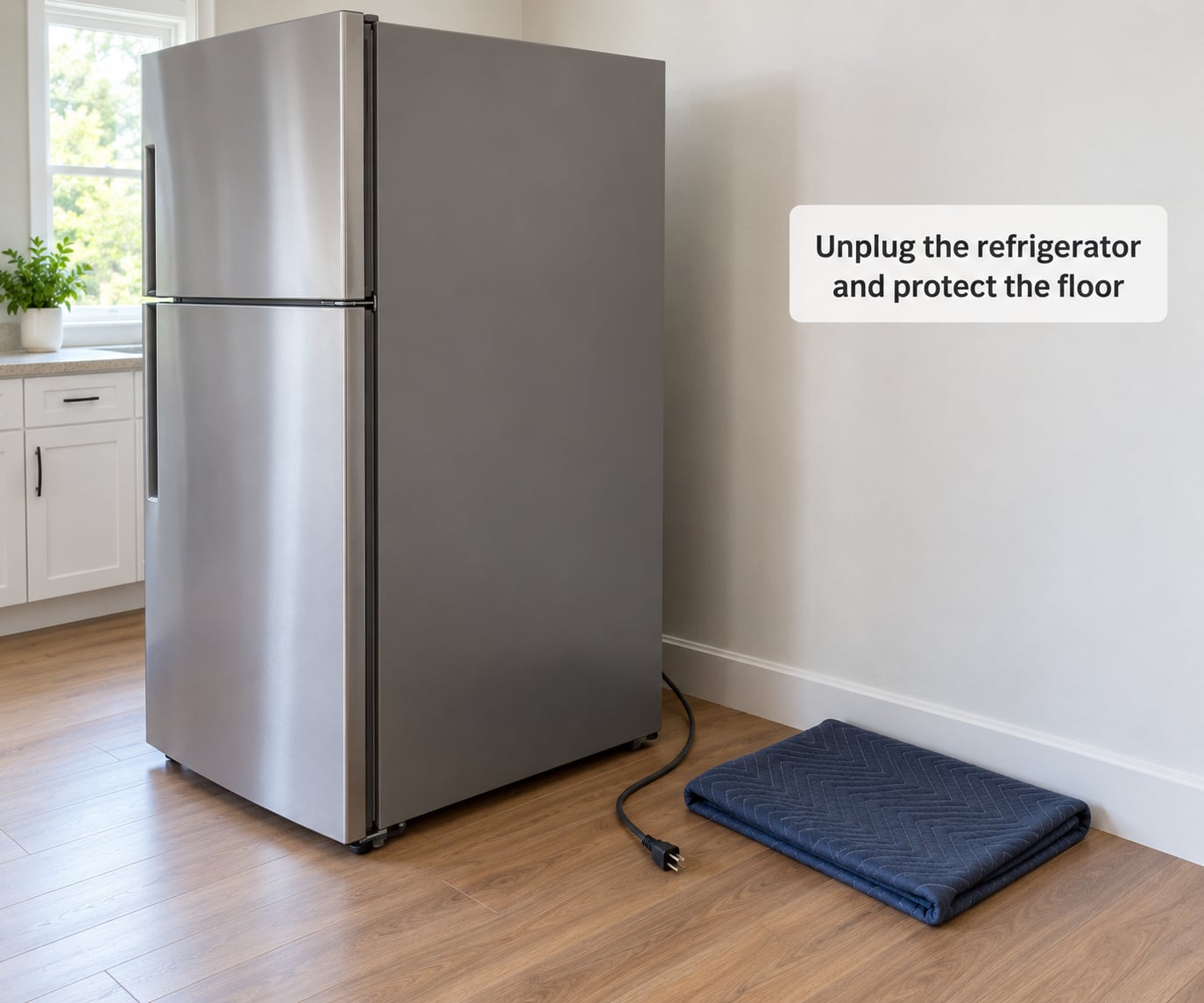 Unplug the refrigerator and protect the floor
