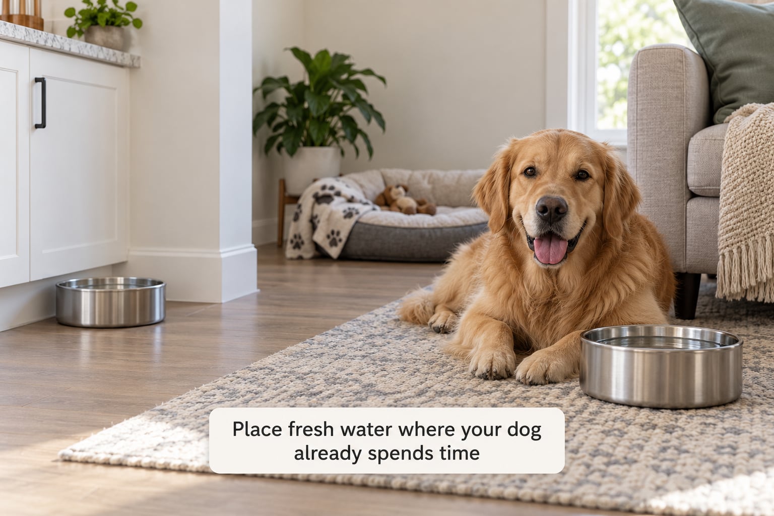 Place fresh water where your dog already spends time